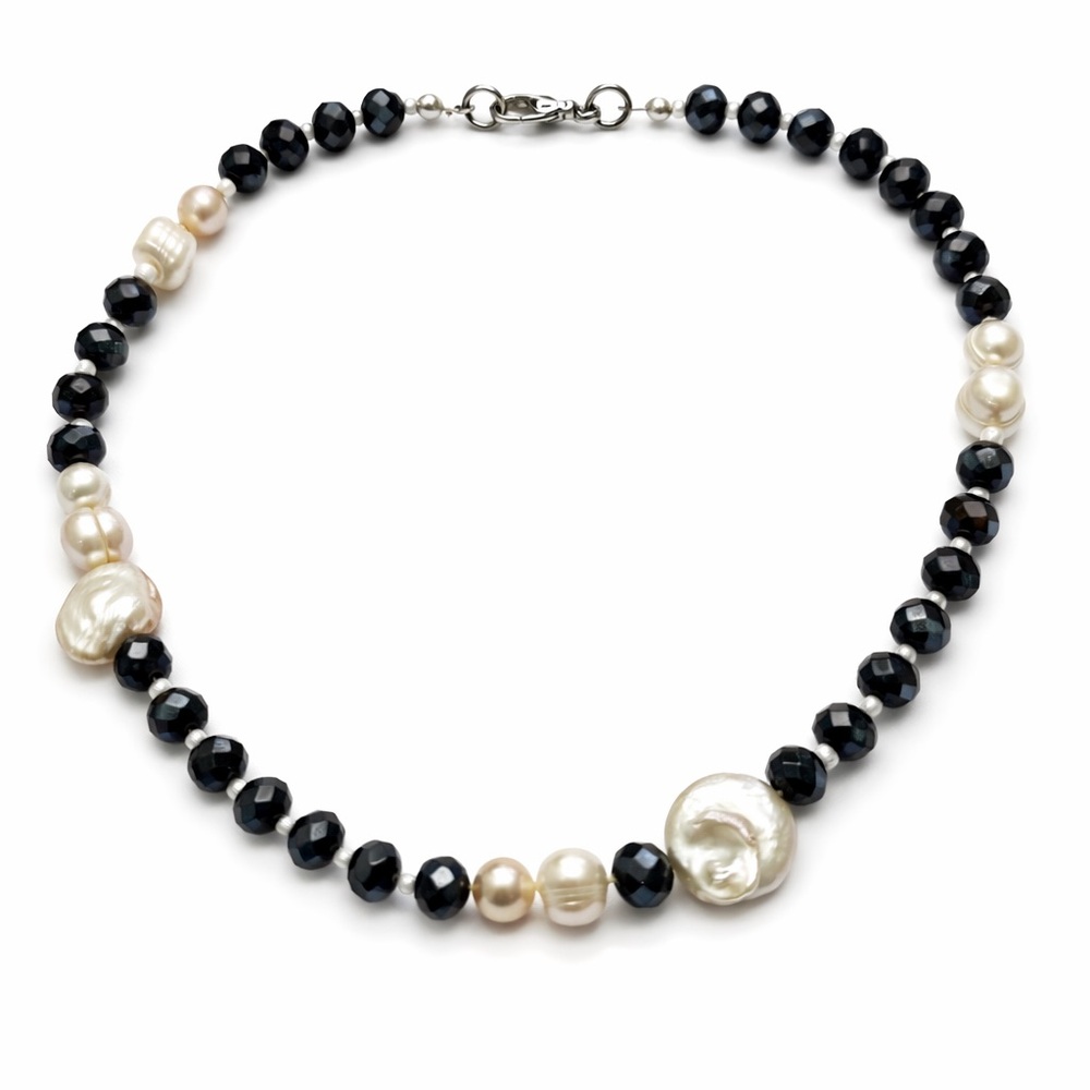 2-Piece Freshwater Pearl & Black Crystal and Layered Silver Pearl Necklaces Set - Picture 5 of 7